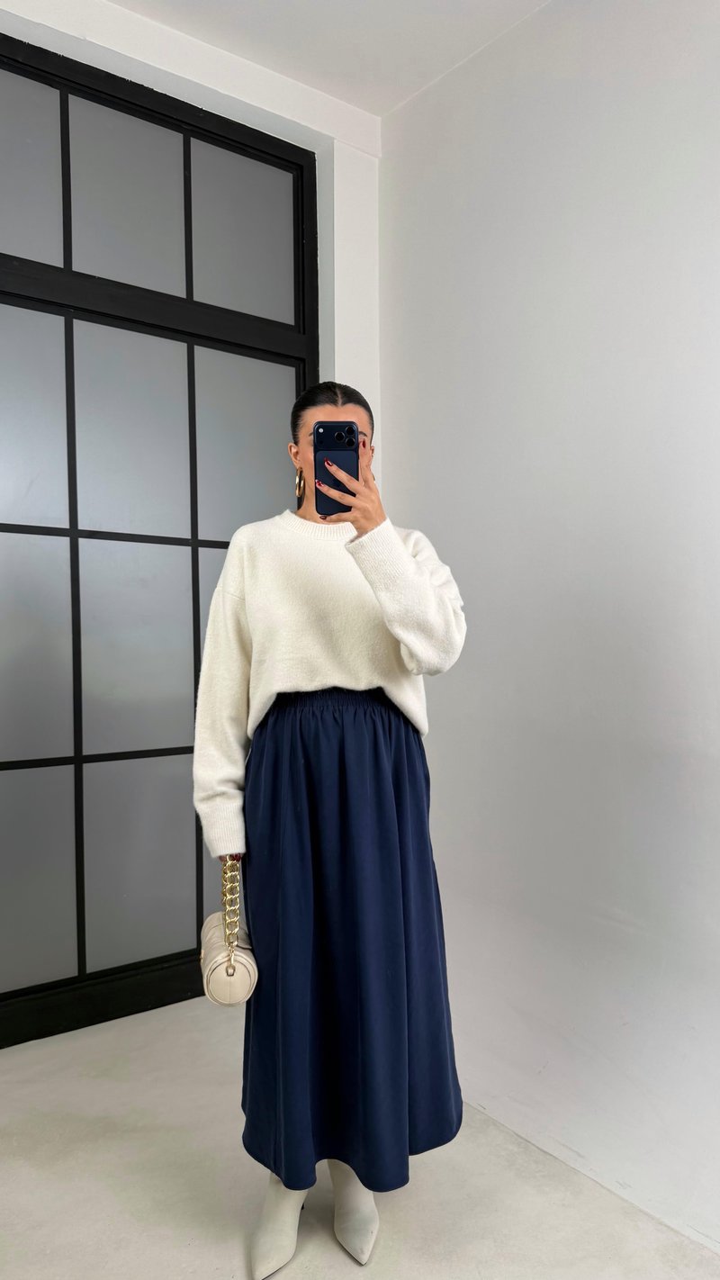 Lacivert Beli Lastikli Cepli Tencel Etek GAUS-00670