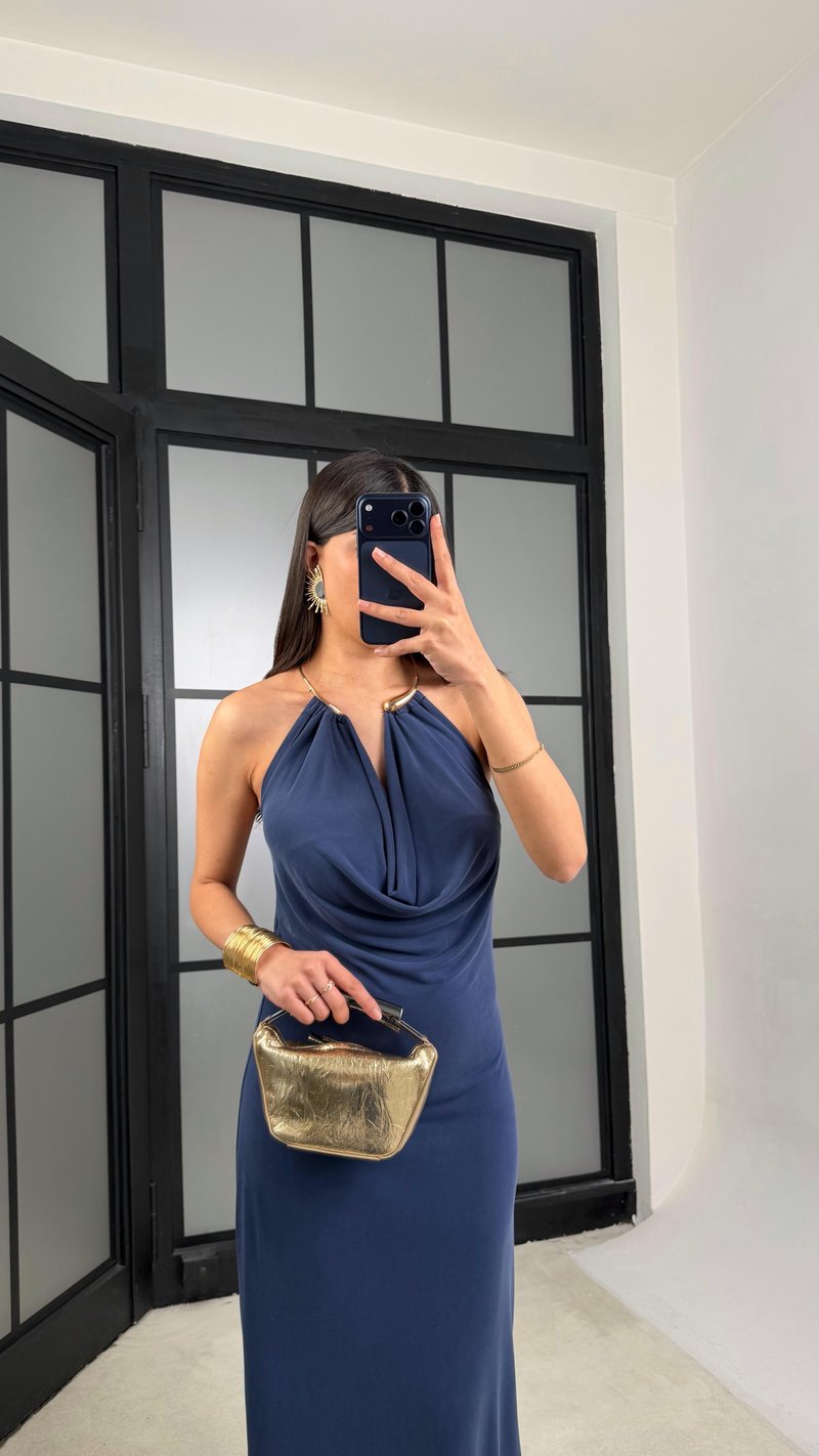 Lacivert Kolye Detaylı Premium Modal Kumaş Elbise GAUS-01367