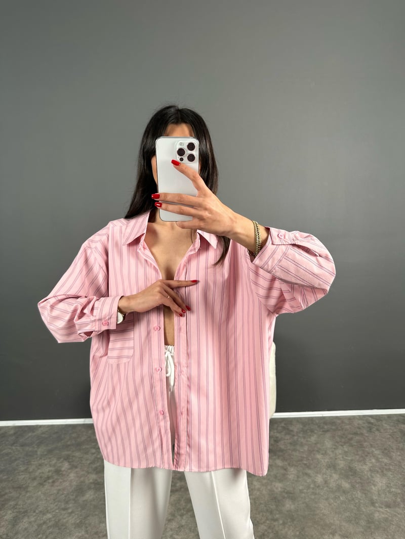 Megass Pembe Çizgili Oversize Gömlek 