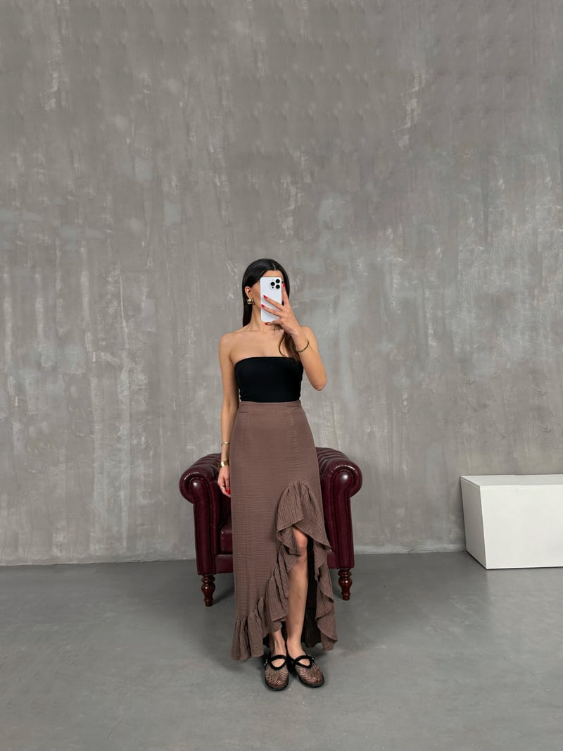 Brown Front Flounce Slit Muslin Skirt Gaus00186