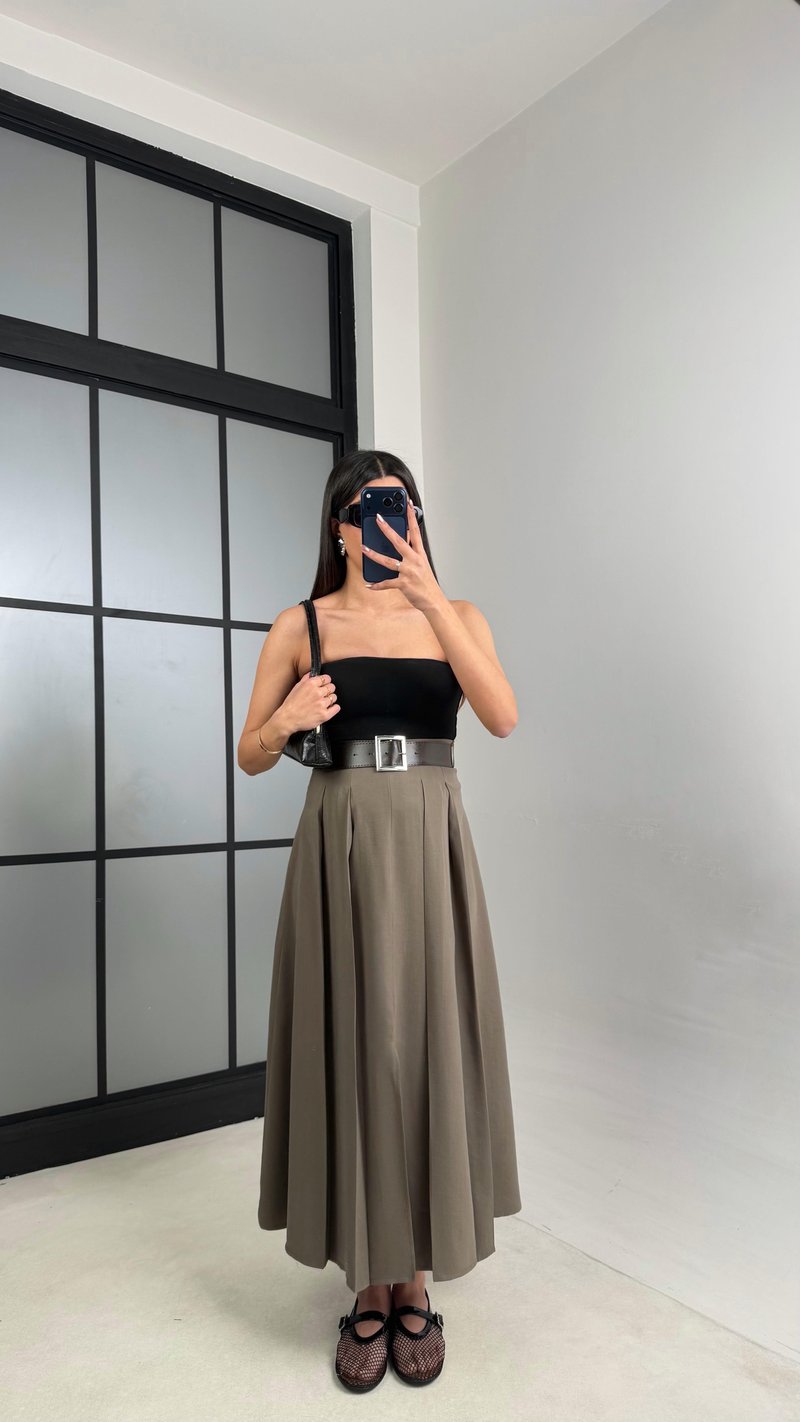 Haki Deri Kemerli Yırtmaçlı Tencel Etek GAUS-01088