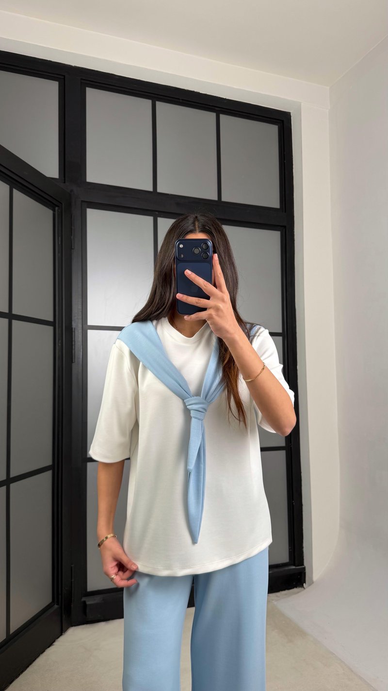 Mavi Şal Detaylı Basic Tshirt Beli Lastikli Pantolon İkili Eşofman Takımı GAUS-01284