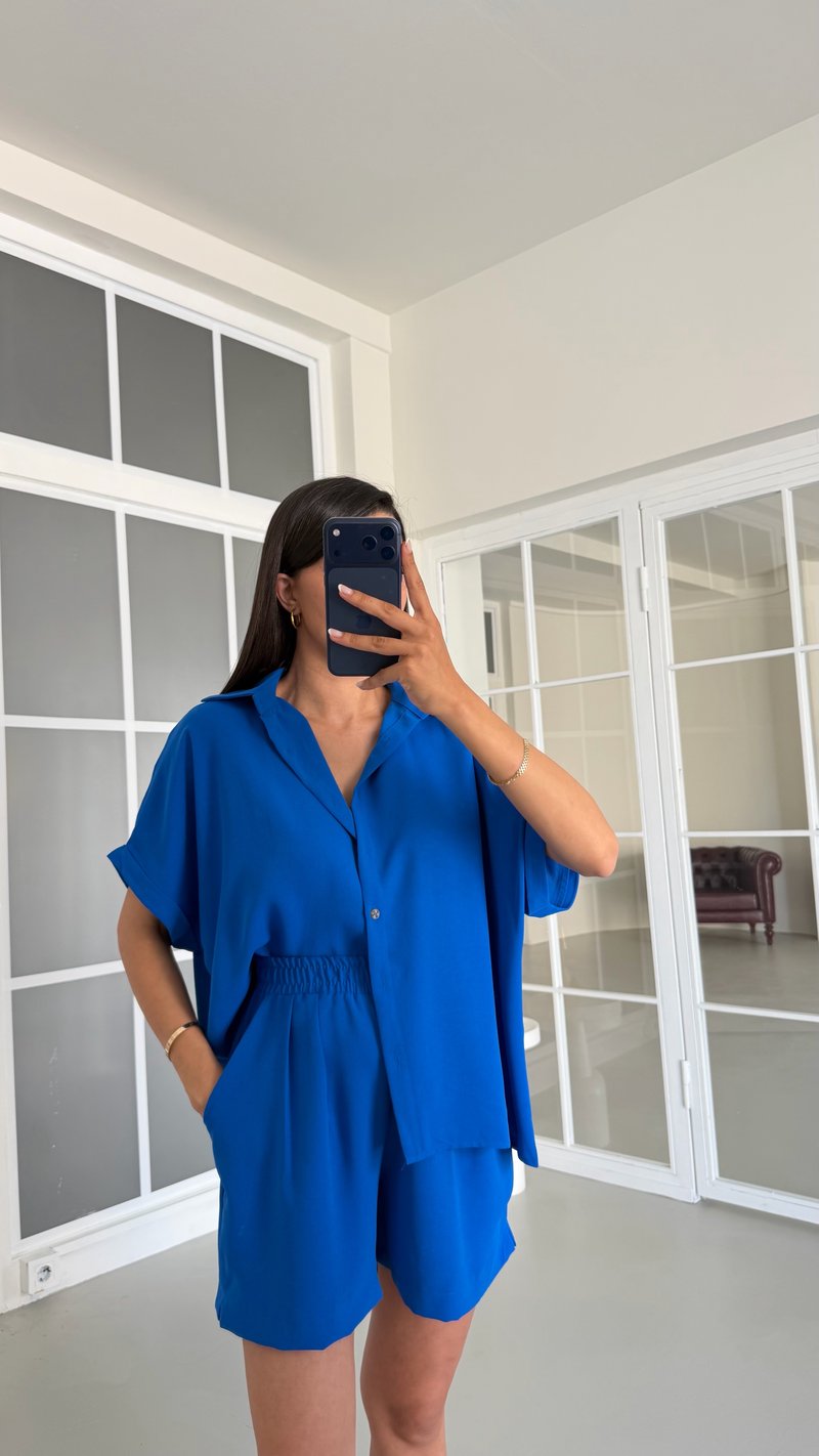 Saks Mavi Gömlek Beli Lastikli Şort Basic Takım GAUS-01721