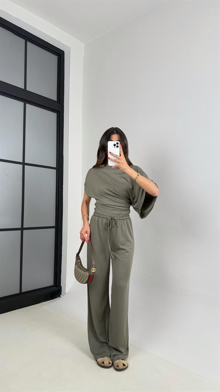 Haki Yarasa Kol Bluz Beli Lastikli Pantolon Tasarım Modal Kumaş Takım GAUS-01251