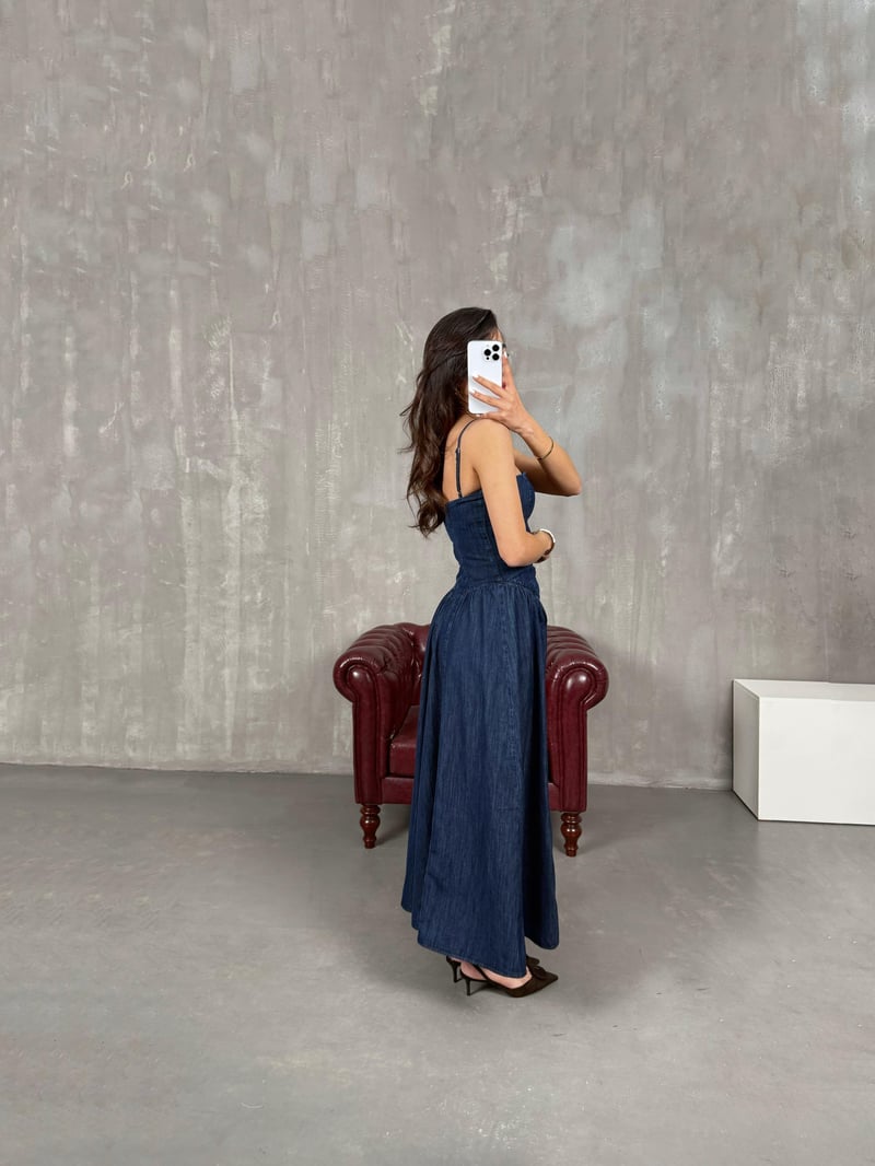 Mavi Straplez Ayarlanabilir Askılı Denim Elbise Gaus00050