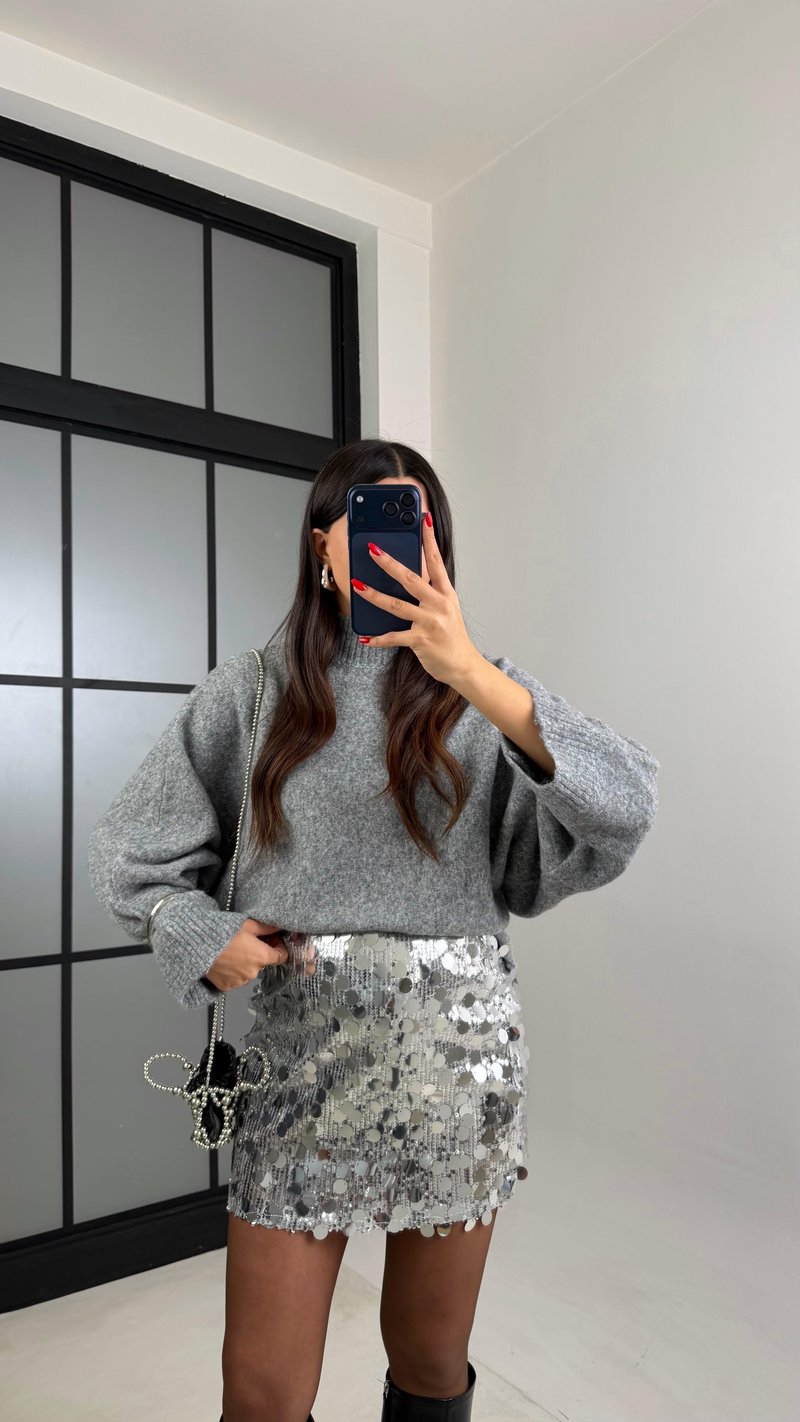 Gri Pul Detaylı Astarlı Mini Etek GAUS-00935