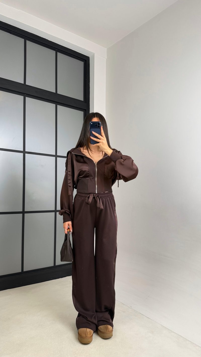 Acı Kahve Saten Detaylı Hırka Beli Lastikli Pantolon Tasarım Takım GAUS-01096