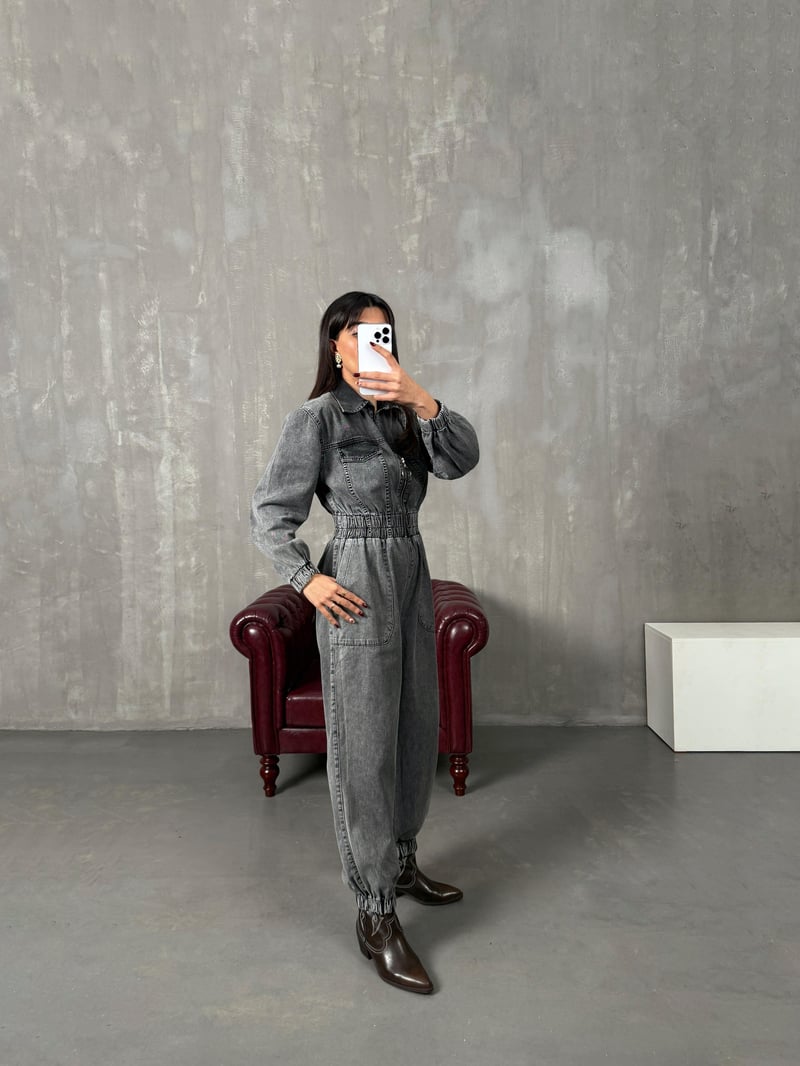 Setre Gri Yıkamalı Önden Fermuarlı Denim Tulum