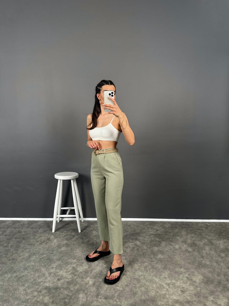 Elvin Haki Hasır Kemerli Beli Lastikli Pantolon