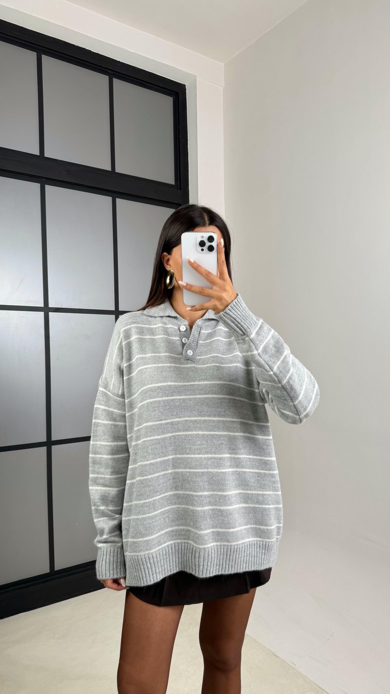 Gri Polo Yaka Çizgili Triko Kazak GAUS-00601