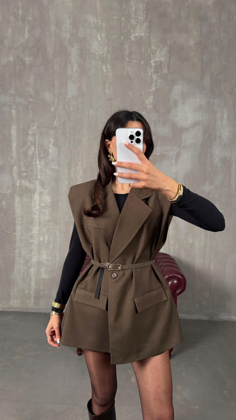 Acı Kahve Astarlı Vatkalı Kemerli Premium Yelek GAUS-01139