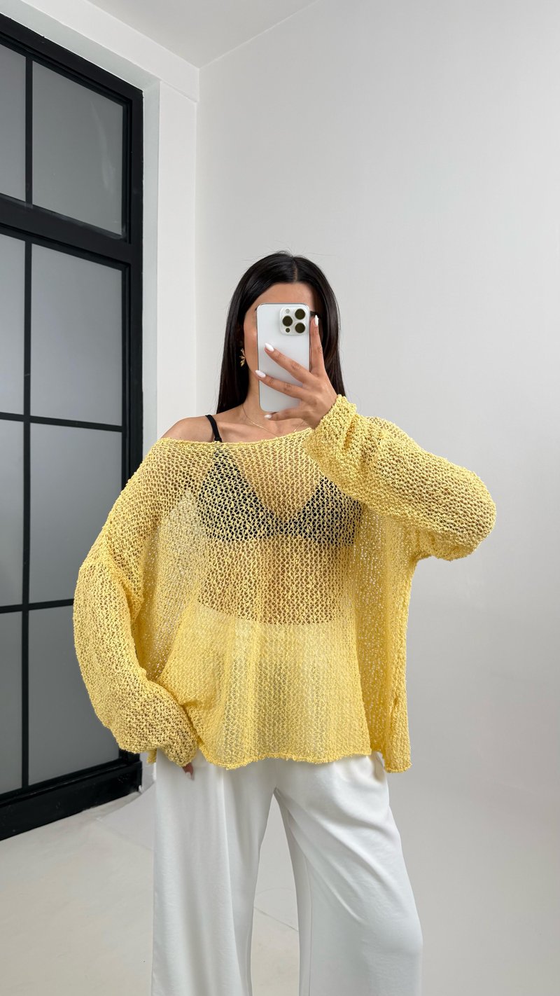 Sarı Ajurlu Triko Bluz Gaus00372