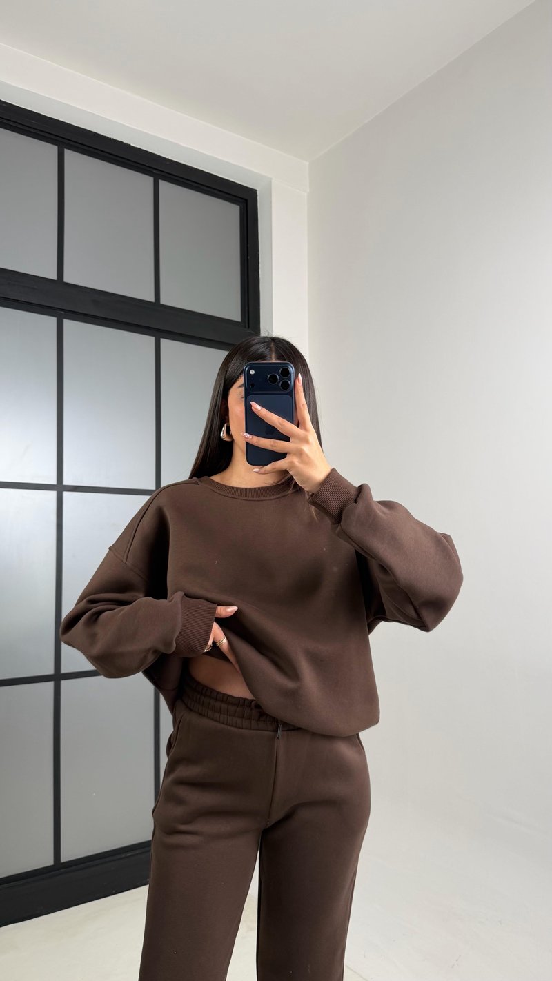 Acı Kahve 3 İplik Şardonlu ZR Model Sweatshirt Eşofman Takım GAUS-00809