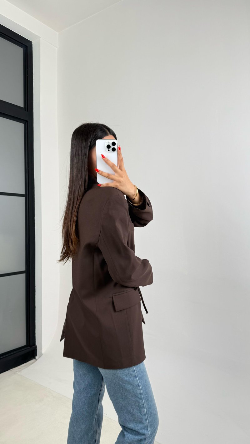 Kahve Astarlı Vatkalı Önden Bağlama Detaylı  Blazer Ceket GAUS-0068