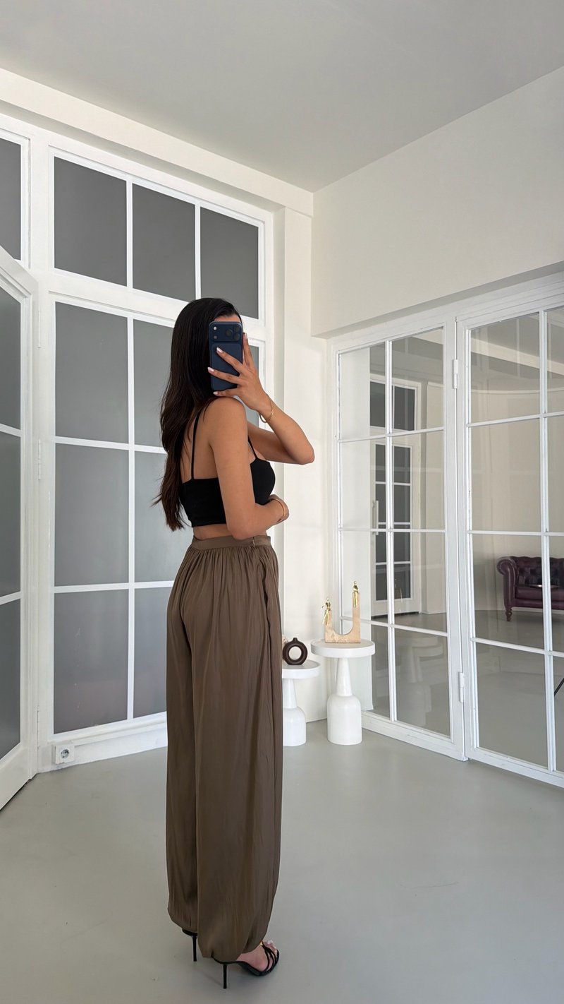 Haki Yumuşak Dokulu Saten Şalvar Pantolon GAUS-01812