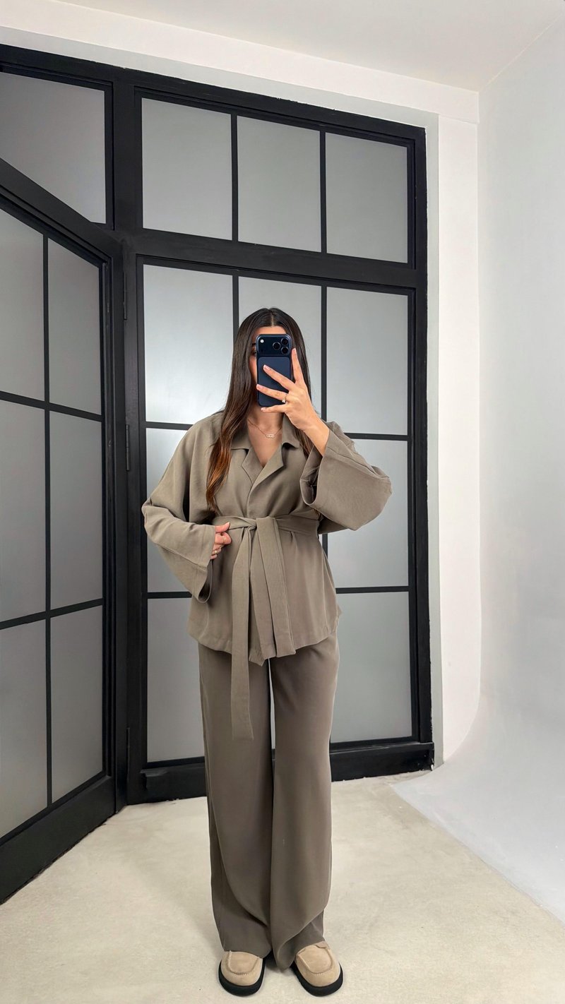 Haki Kuşaklı Ceket Beli Lastikli Pantolon Tencel Takım GAUS-01128