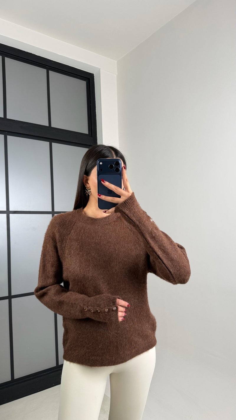 Kahve İtalyan Kol Yumuşak Dokulu Triko Kazak GAUS-00644