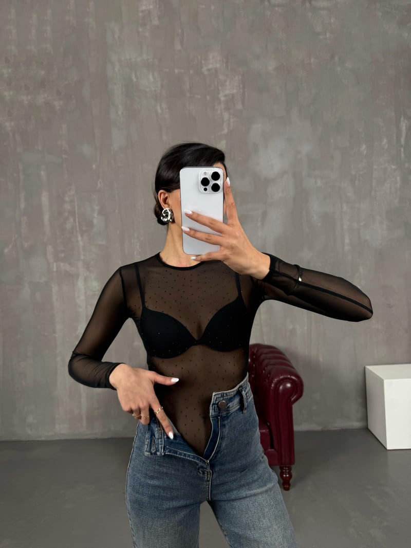 Siyah Taşlı Transparan Bodysuit Bluz Gaus00044