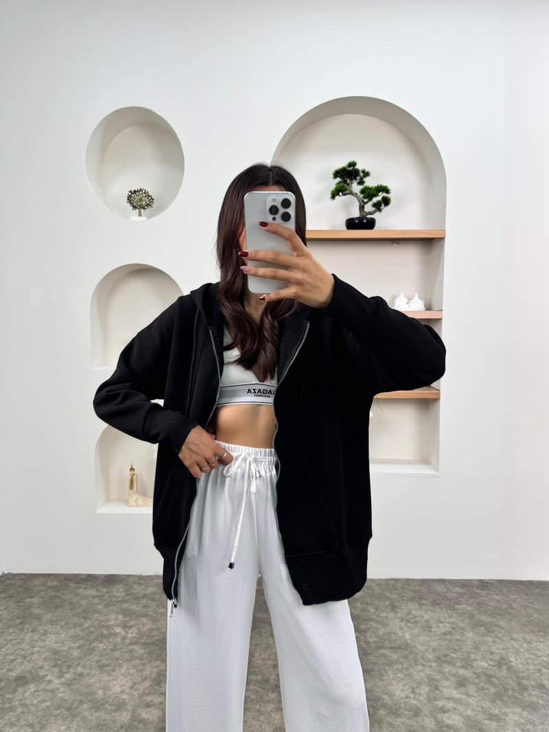Khloe Siyah Üç İplik Şardonlu Kapüşonlu Fermuarlı Sweatshirt