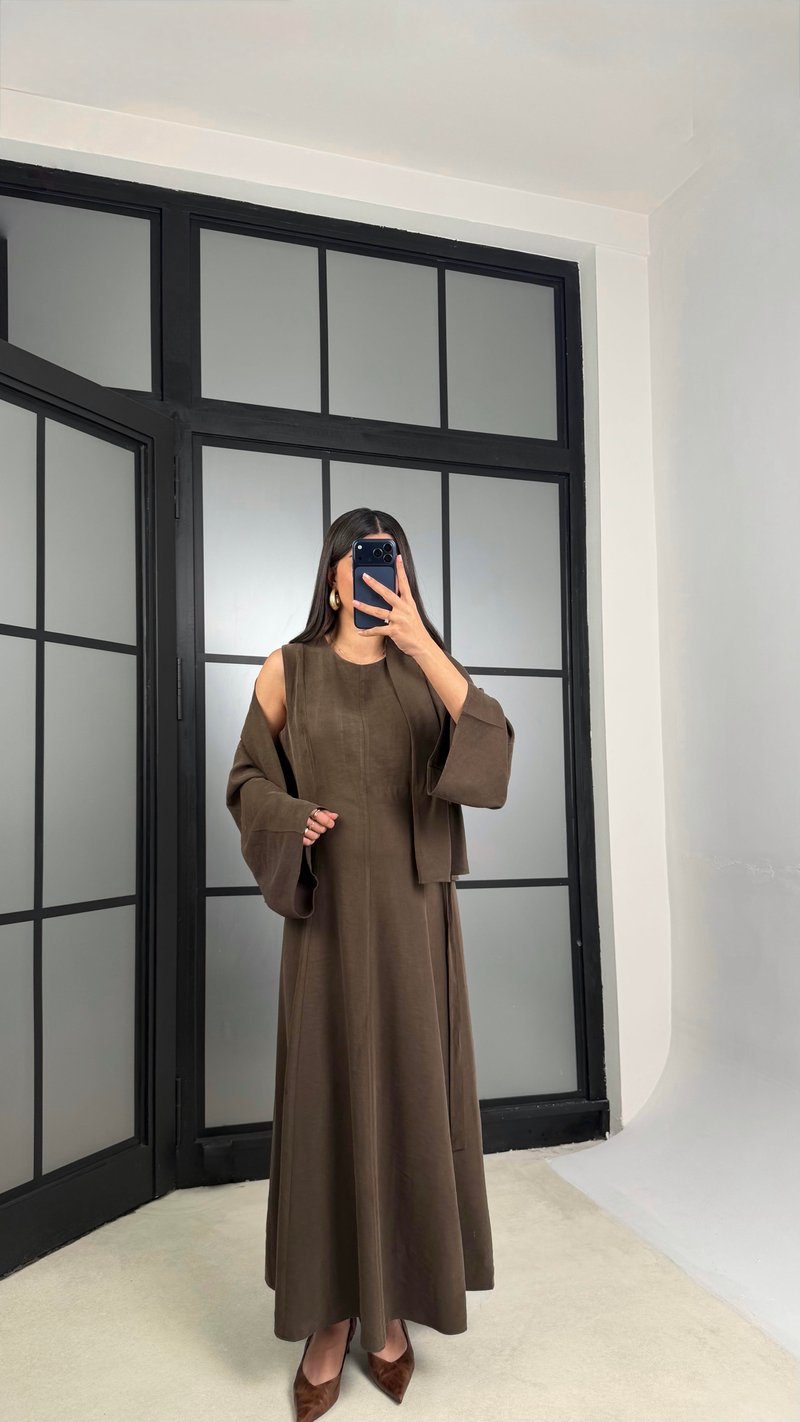 Acı Kahve Kuşaklı Ceket Elbise Premium Tencel Takım GAUS-01165