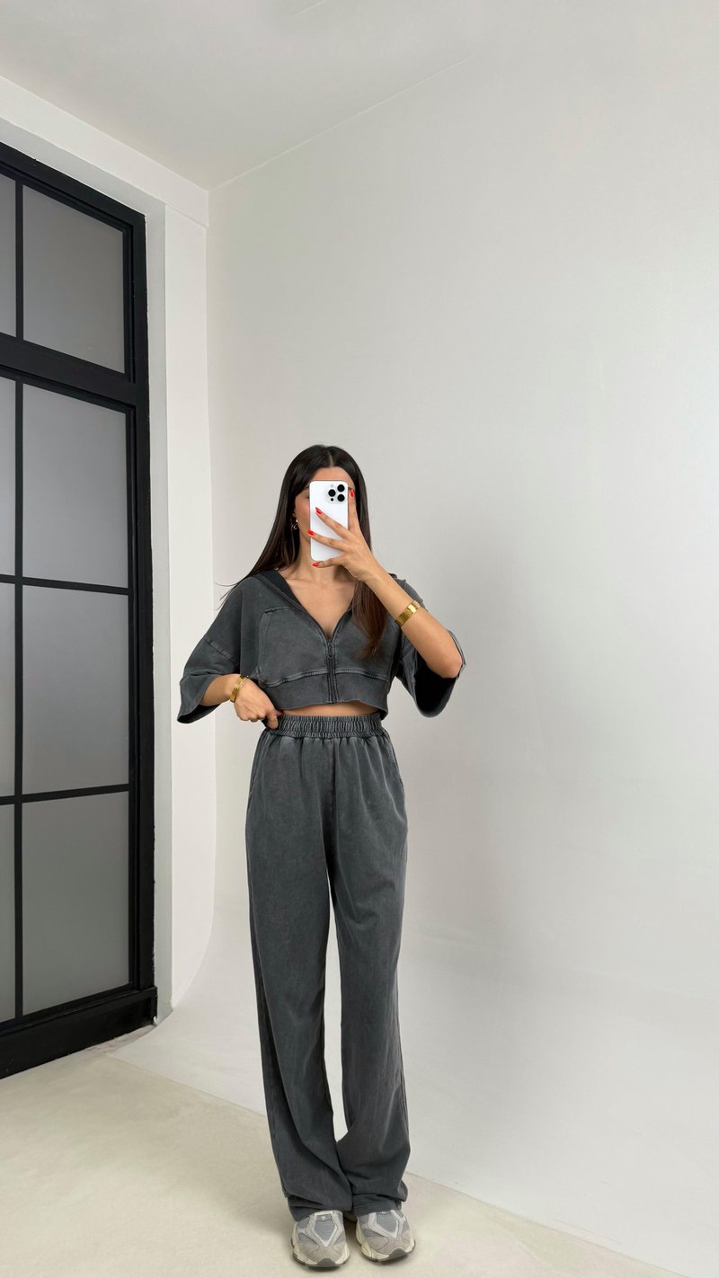 Antrasit Yıkama Desenli Kapüşonlu Crop Hırka Beli Lastikli Pantolon İkili Premium Takım GAUS-0063