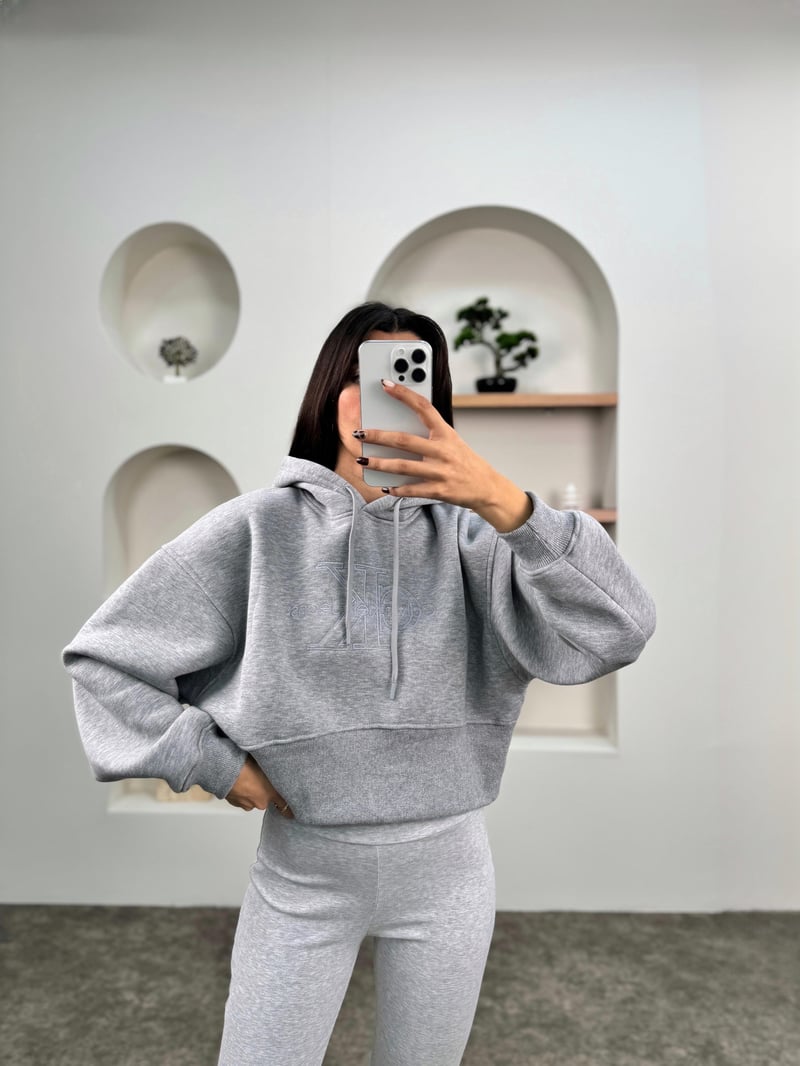 Jime Gri Muadil Crop Kapüşonlu Şardonlu Sweatshirt