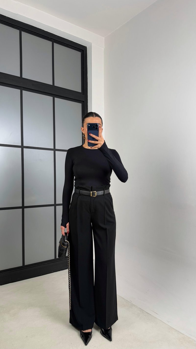 Siyah Pile Detaylı Kemerli Kumaş Pantolon GAUS-00695