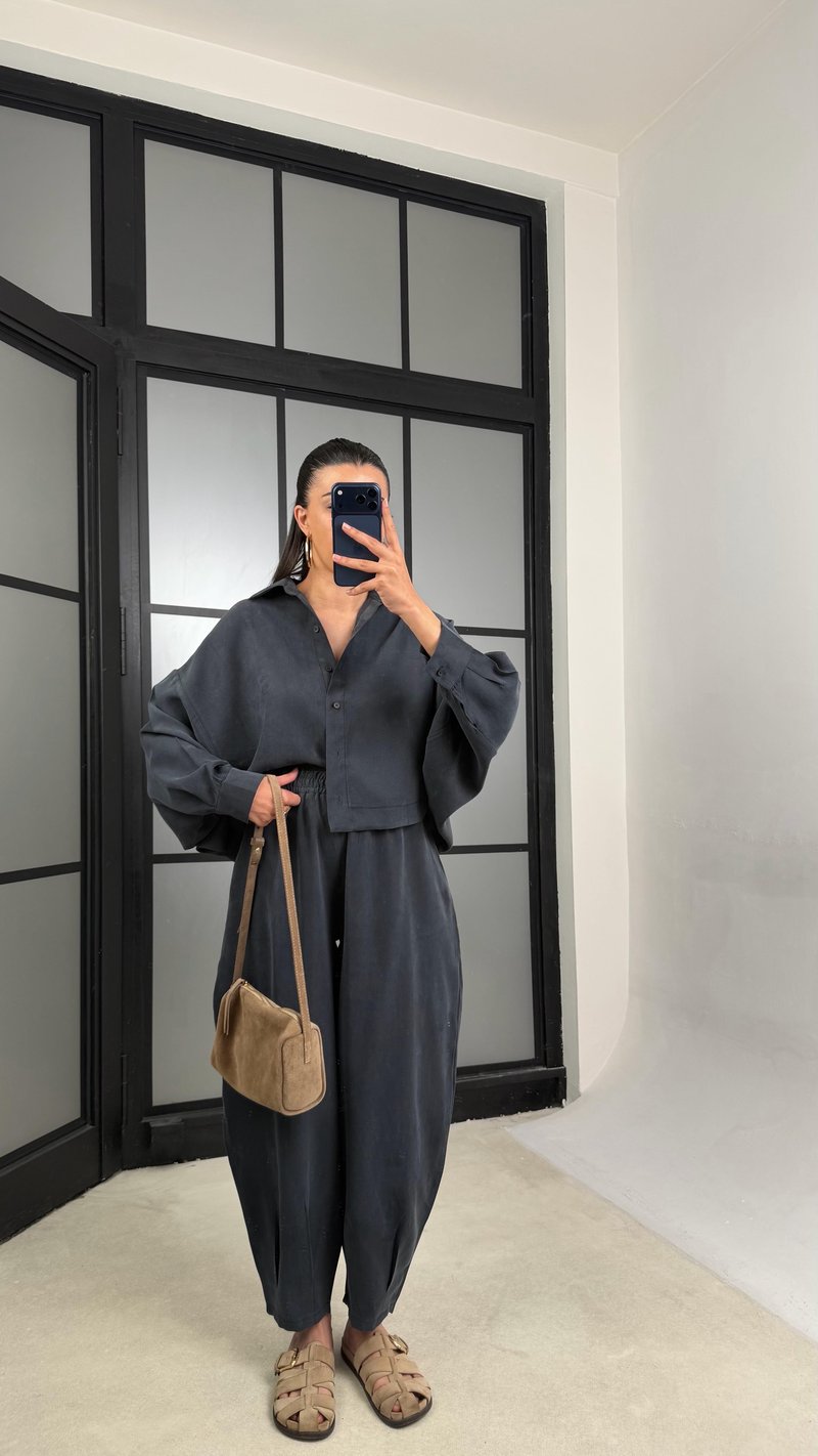 Füme MD Muadil Gömlek Beli Lastikli Şalvar Pantolon Tencel Takım GAUS-01500