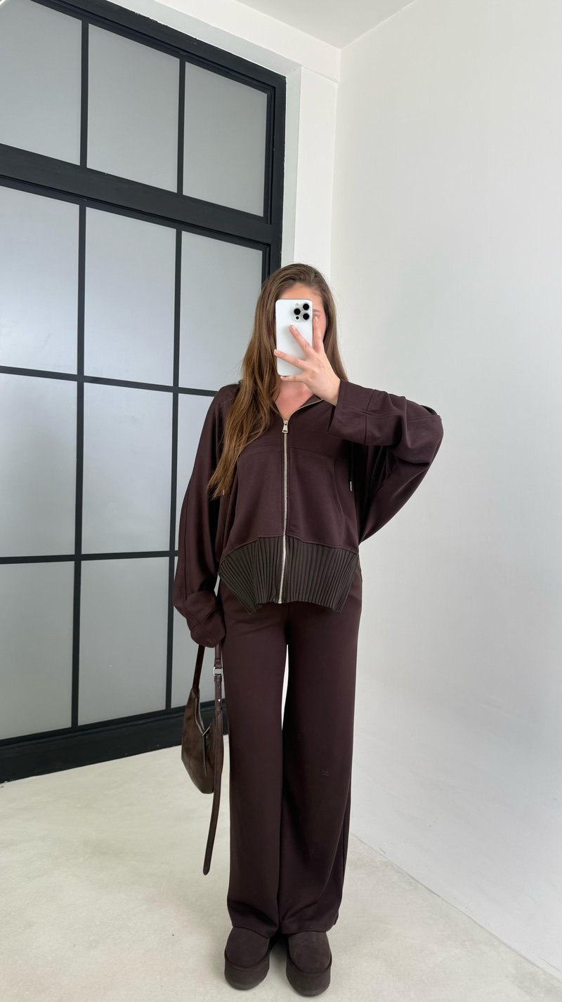 Acı Kahve Ribanalı Kapüşonlu Hırka Beli Lastikli Pantolon Modal Takım GAUS-00697