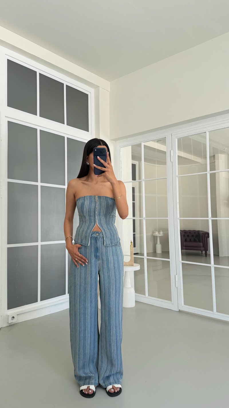 Mavi Bustiyer Palazzo Pantolon Çizgili Denim Takım GAUS-01686