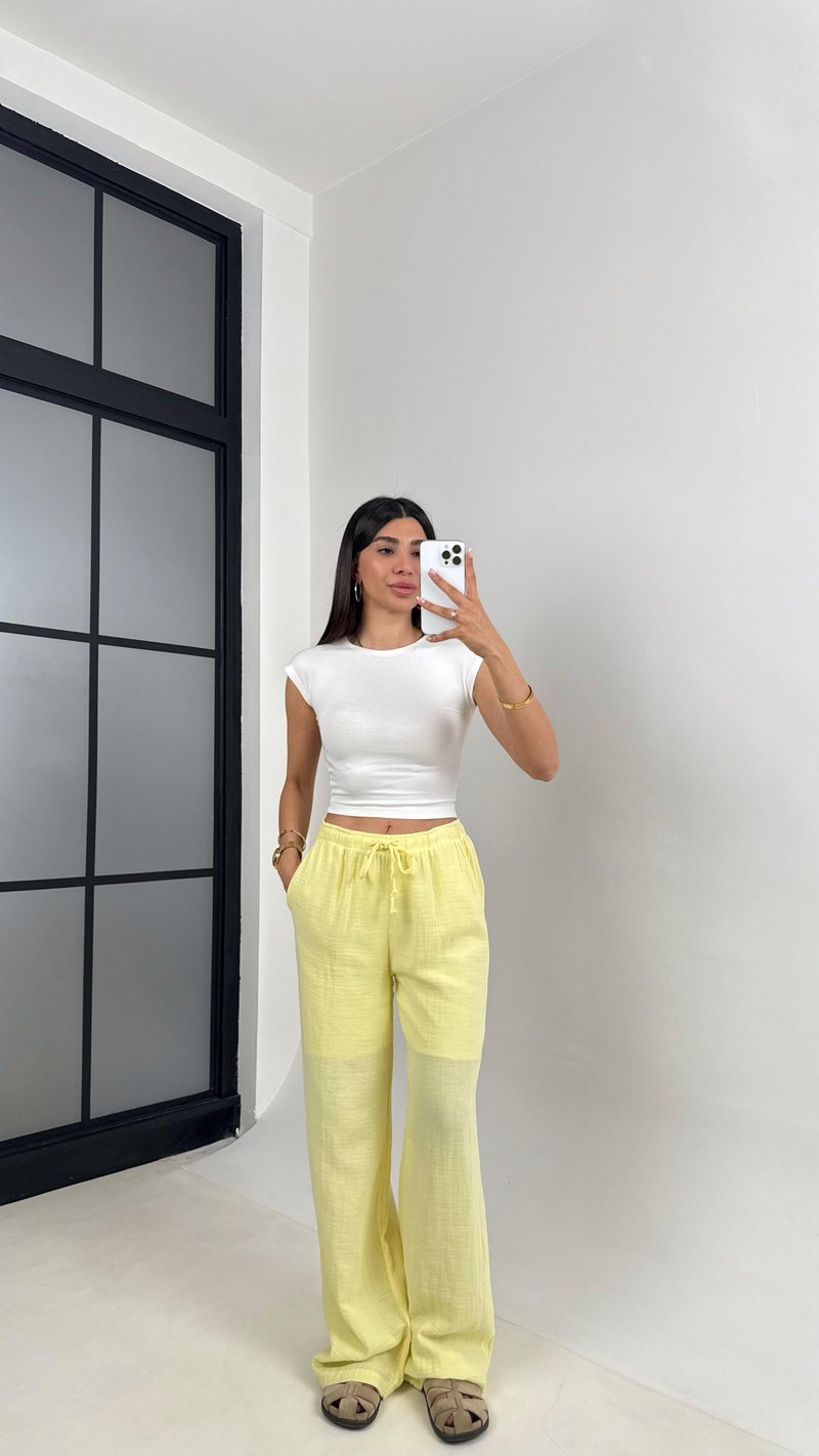 Sarı Beli Lastikli Müslin Pantolon Gaus00586