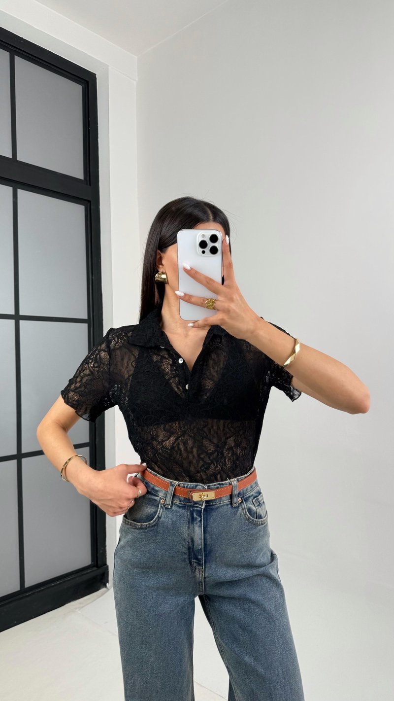 Siyah Polo Yaka Dantelli Transparan Bluz Gaus00448