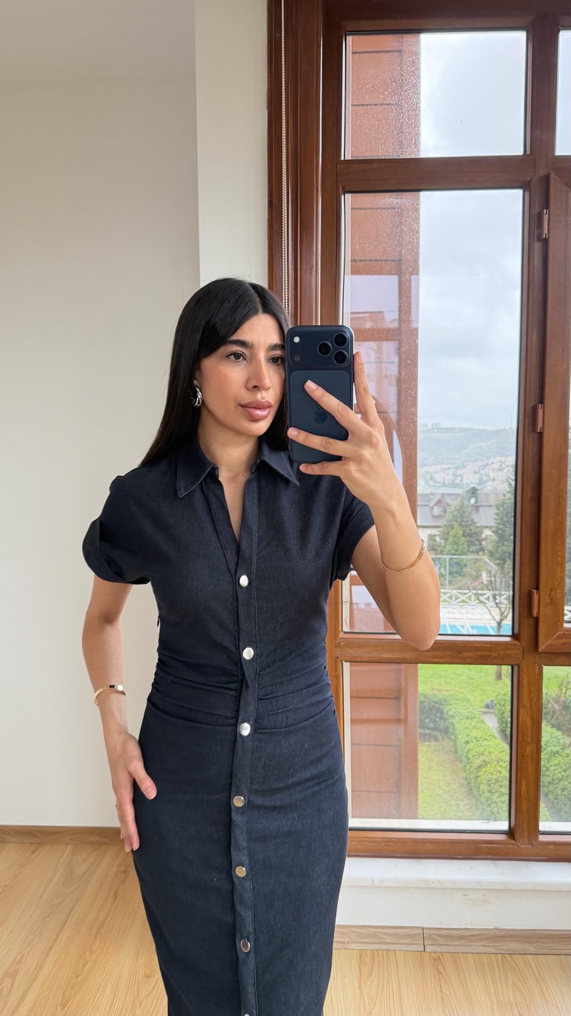 Lacivert Düğmeli Premium Denim Elbise GAUS-01315