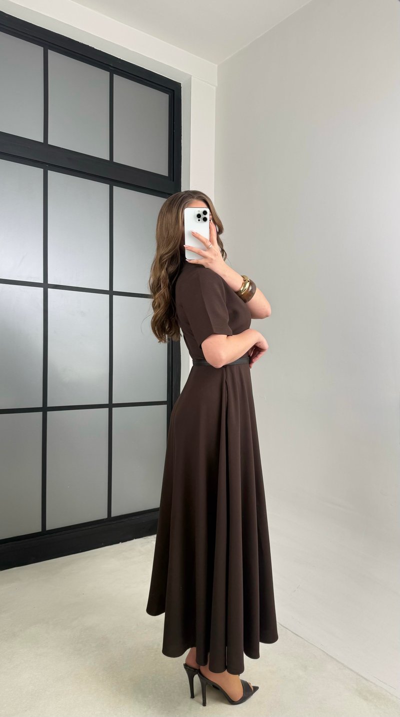 Acı Kahve İnce Kemerli Elbise GAUS-00991