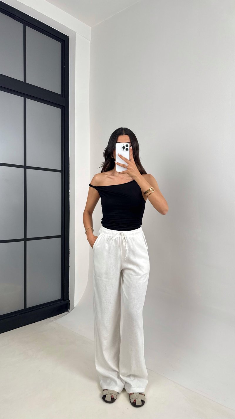 Beyaz Beli Lastikli Muadil Keten Pantolon Gaus00623