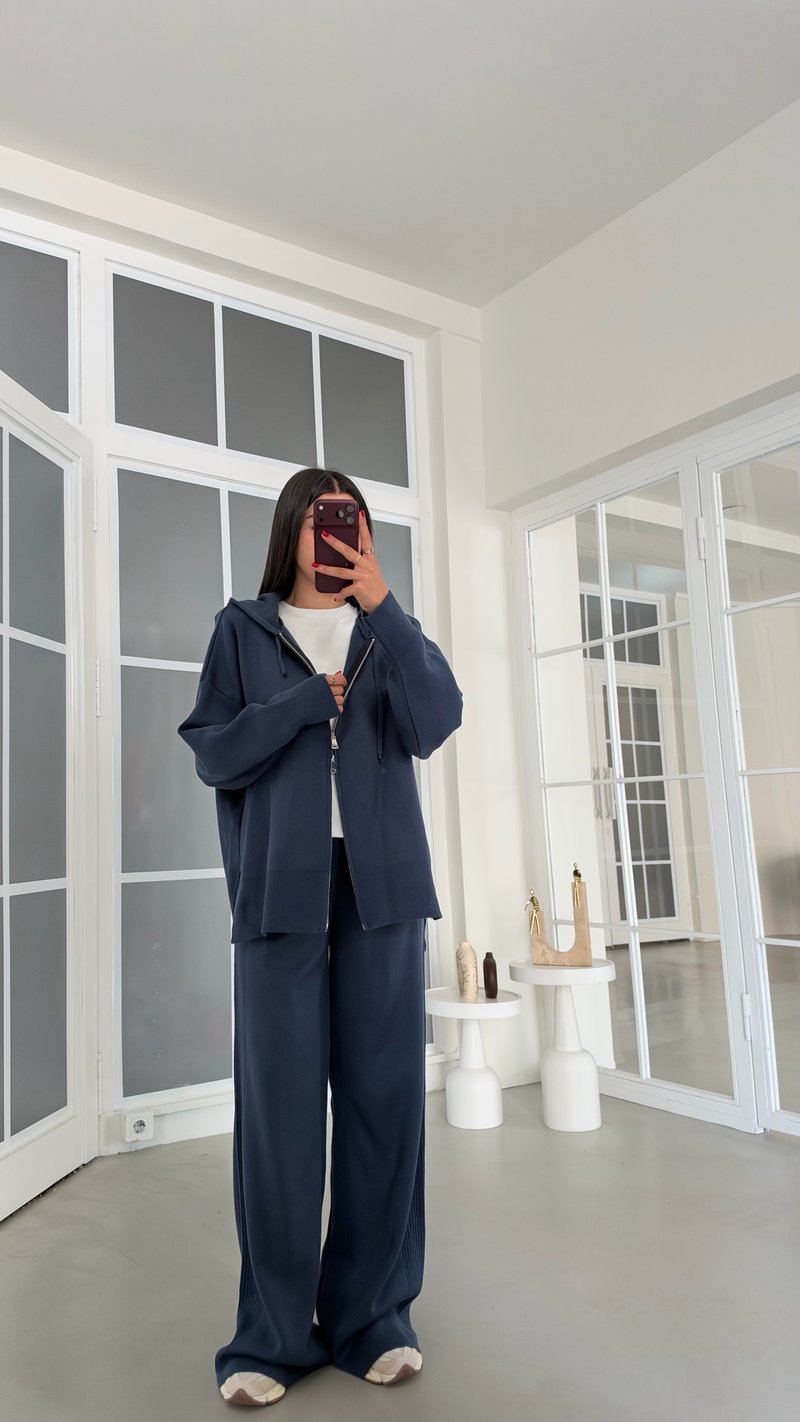 Koyu Mavi Çift Fermuarlı Hırka Beli Lastikli Pantolon İkili Triko Takım GAUS-02294