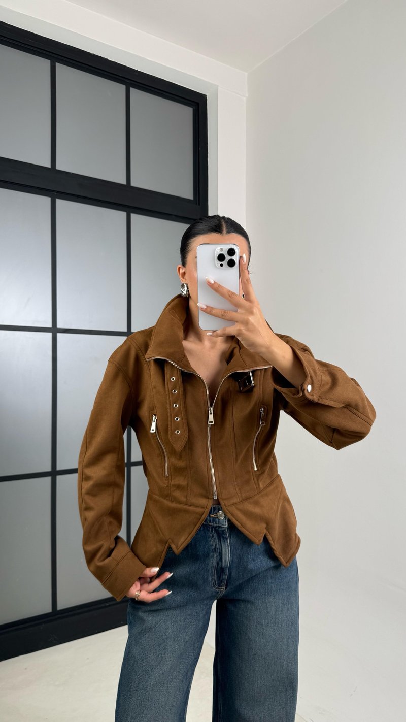 Camel Dik Yaka Kemer Detaylı Premium Süet Ceket GAUS-00519