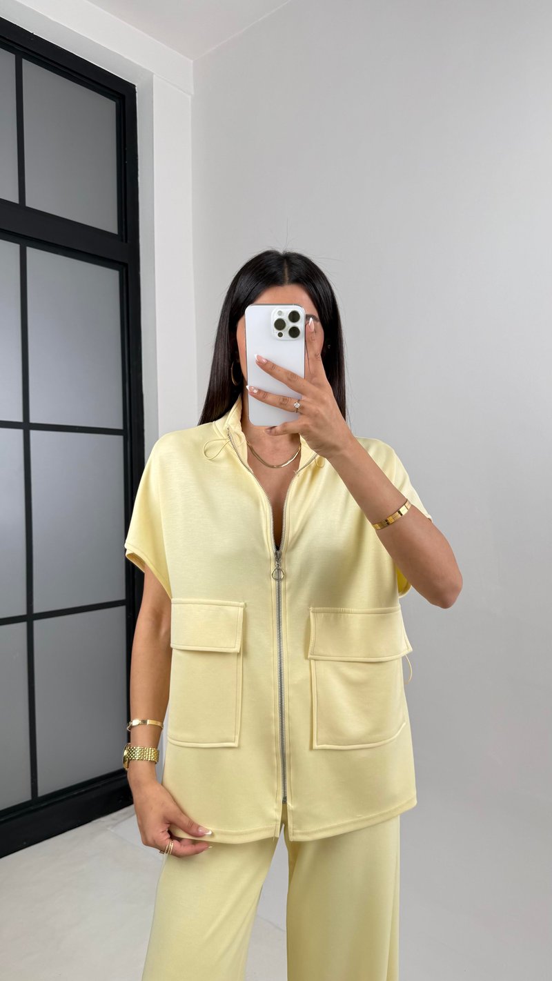 Sarı Oys Muadil Cep Detaylı Fermuarlı Yelek Beli Lastikli Pantolon Model Takım Gaus00587