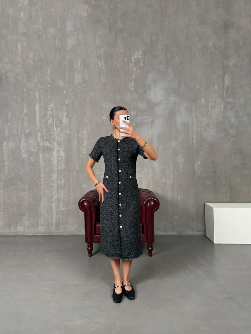 Majo Black Lined Textured Midi Dress with Button Detail