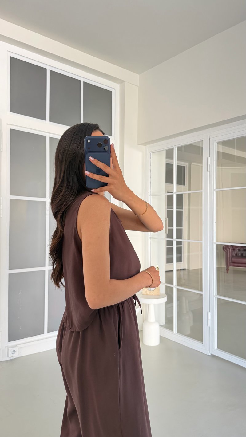 Kahve Bluz Beli Lastikli Pantolon İkili Tencel Takım GAUS-01769