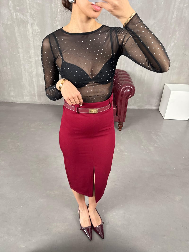 Bordo Yırtmaçlı Muadil Kalem Etek Gaus00047
