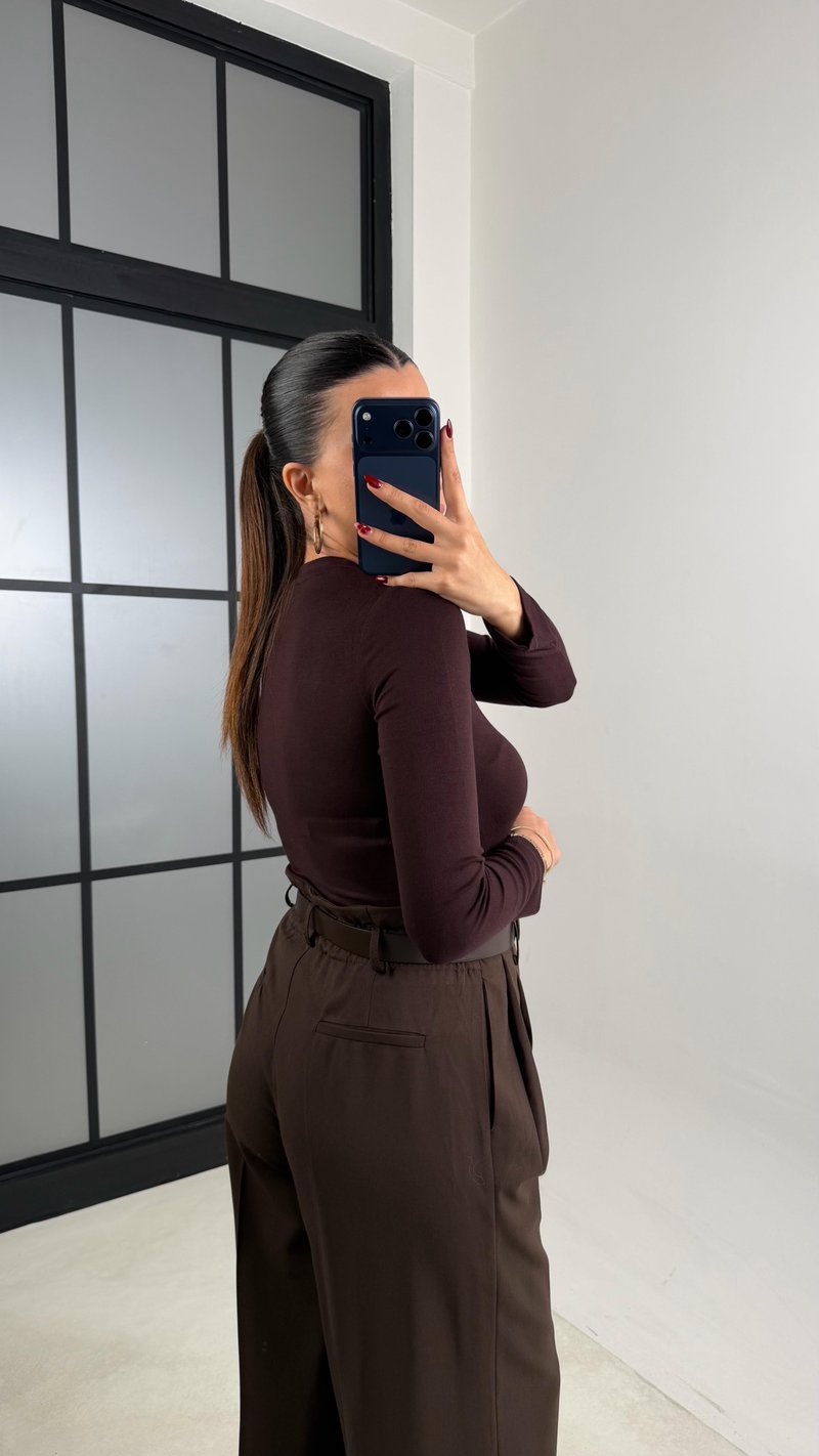 Acı Kahve Pile Detaylı Kemerli Kumaş Pantolon GAUS-00695