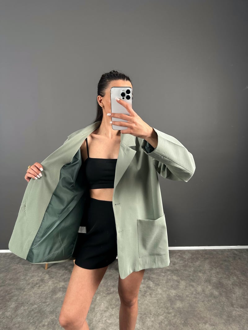 Muadil Yeşil Premium Keten Oversize Ceket 