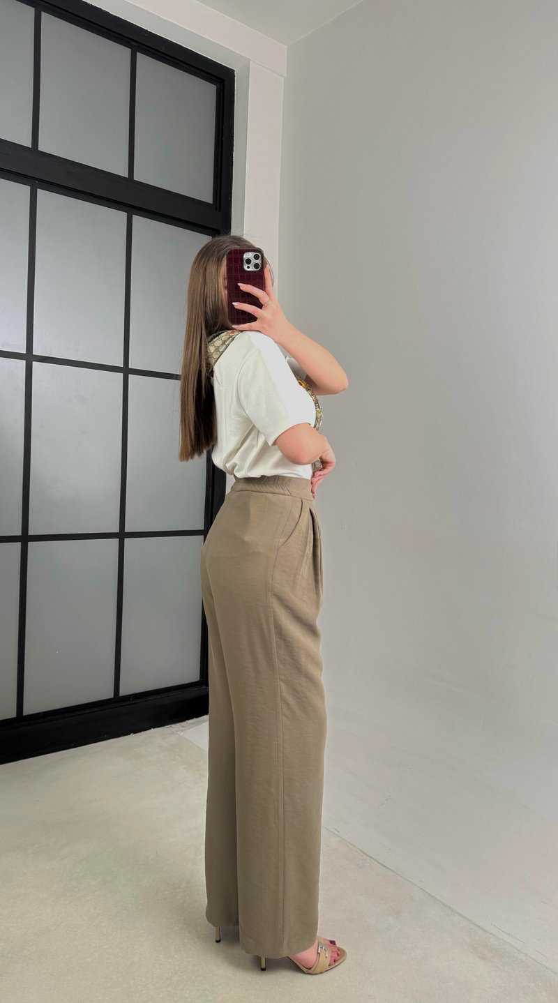 Haki Beli Lastikli Pile Detaylı Tencel Pantolon GAUS-00995