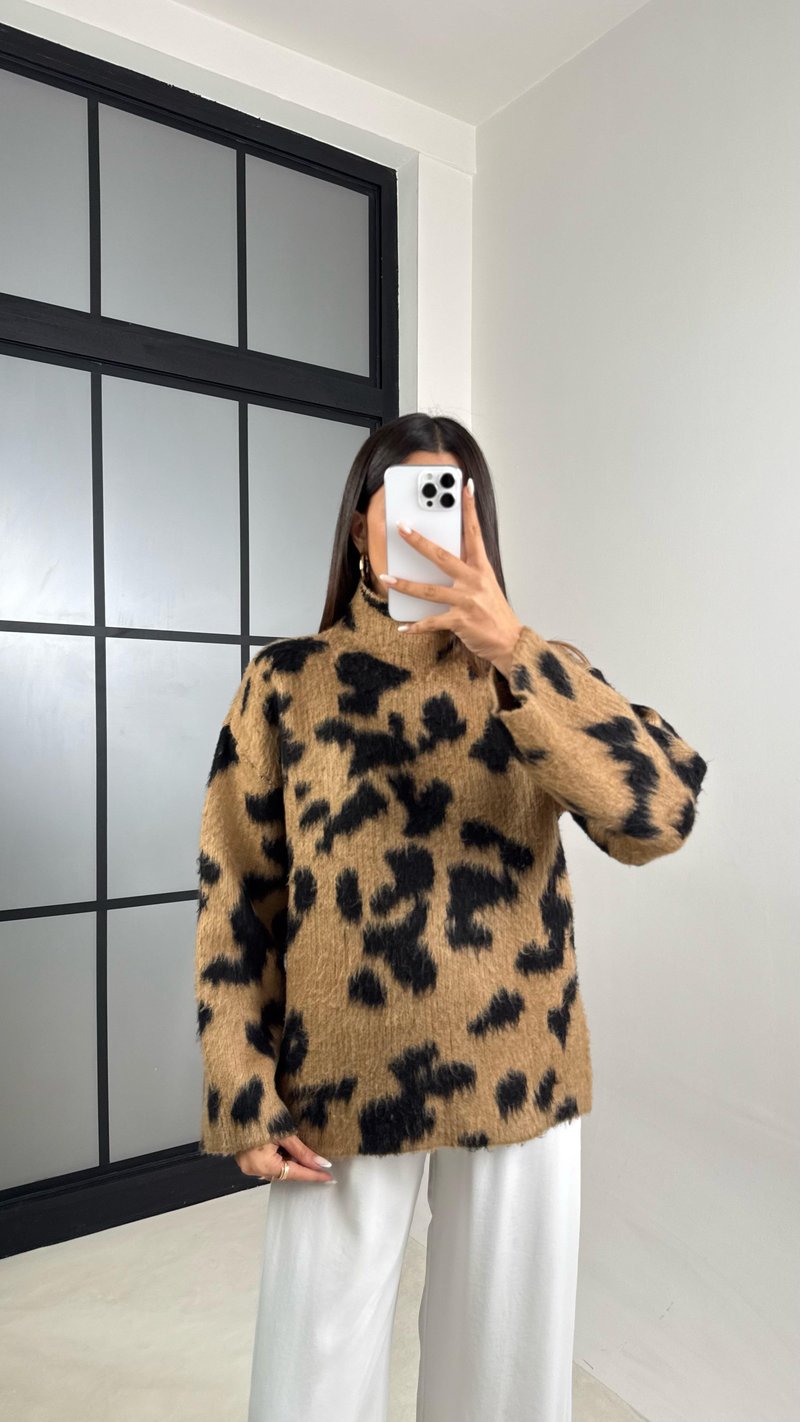 Camel Balıkçı Yaka Leopar Desenli Kazak GAUS-00532