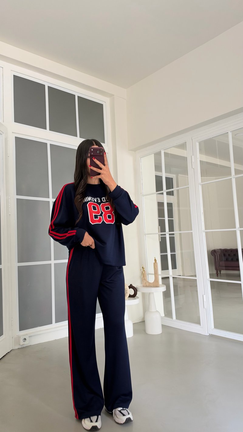 Lacivert Şeritli Baskılı Sweatshirt Beli Lastikli Pantolon İkili Takım GAUS-02235