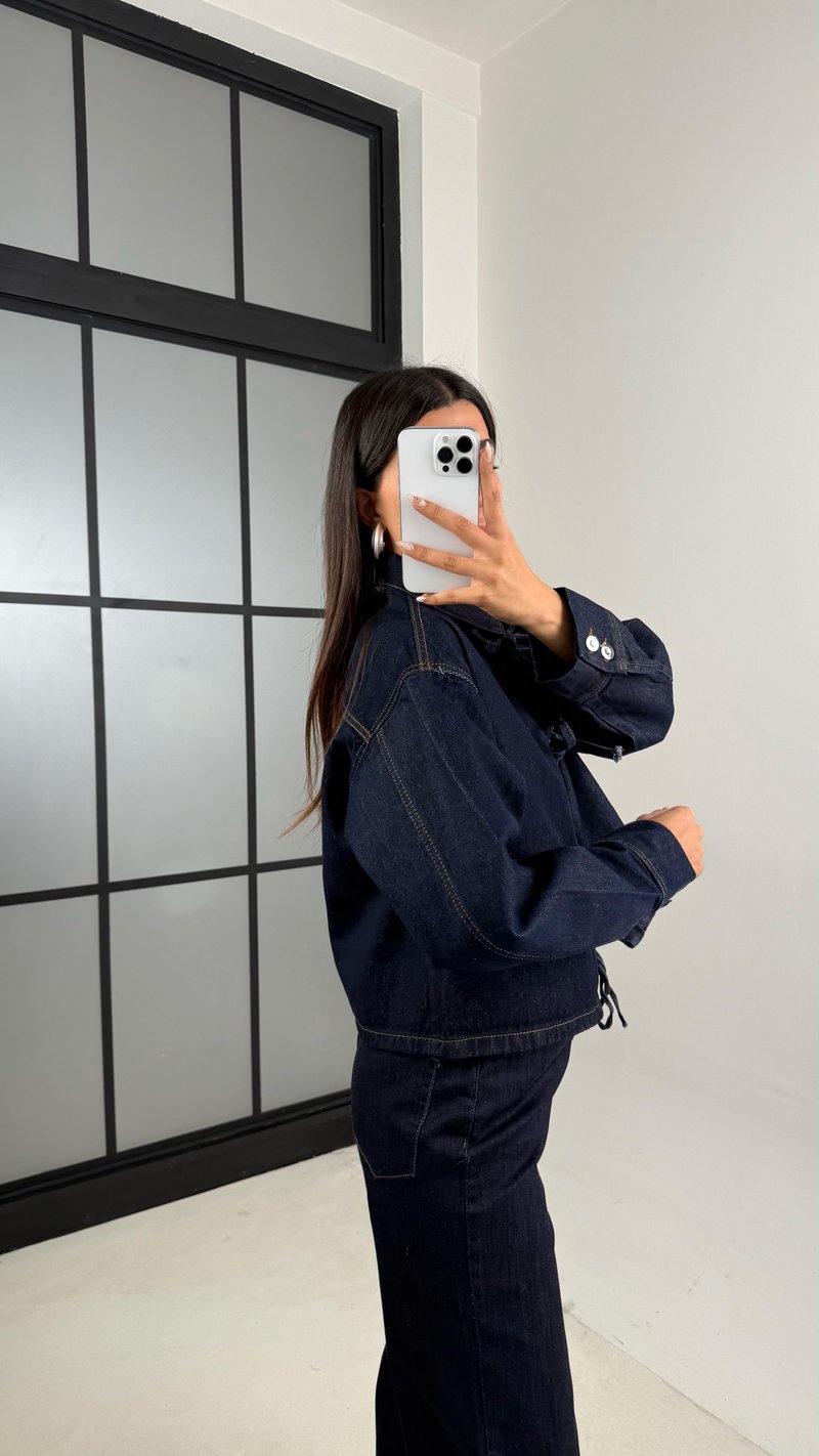 Lacivert Önü Bağlama Detaylı Tasarım Denim Ceket GAUS-00133