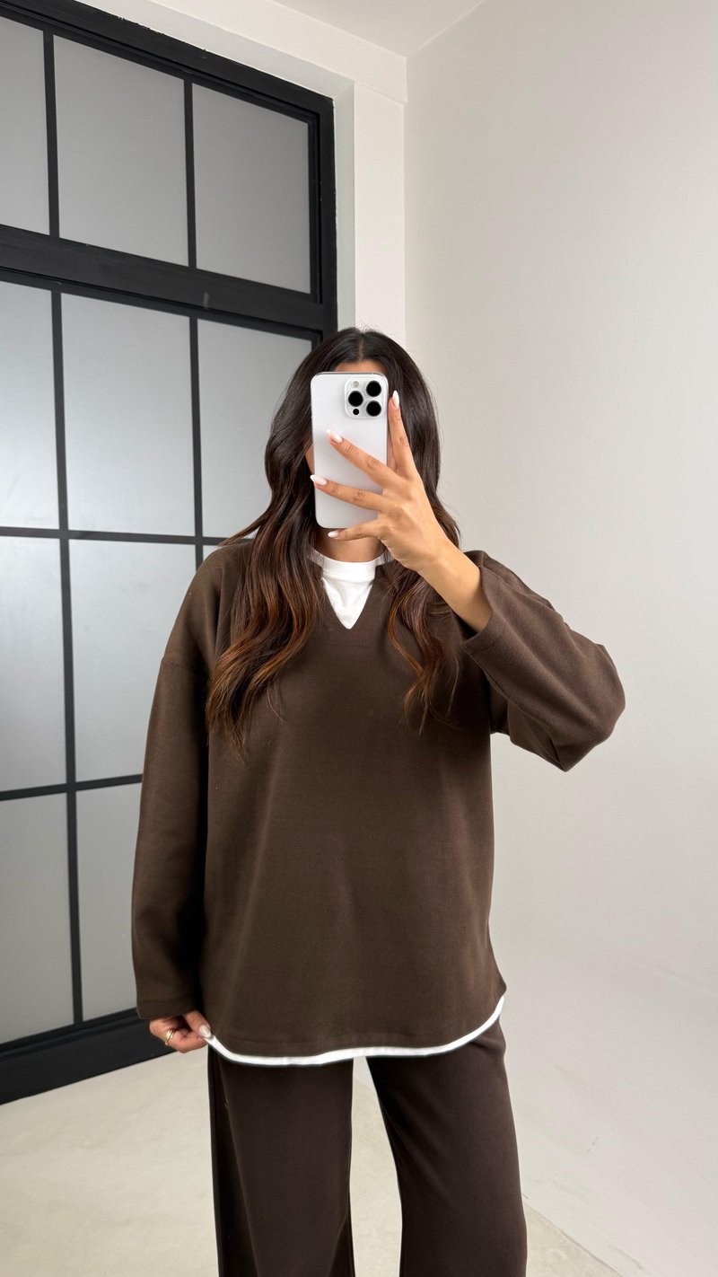 Kahve Tshirt Detaylı Kazak Beli Lastikli Pantolon İkili Triko Takım GAUS-00485