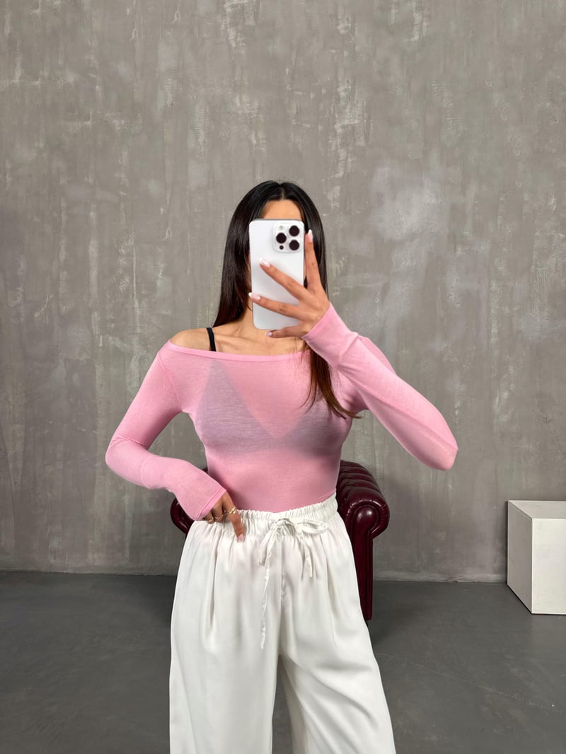 Pembe Transparan Kaşmir Dokulu Bluz Gaus00272