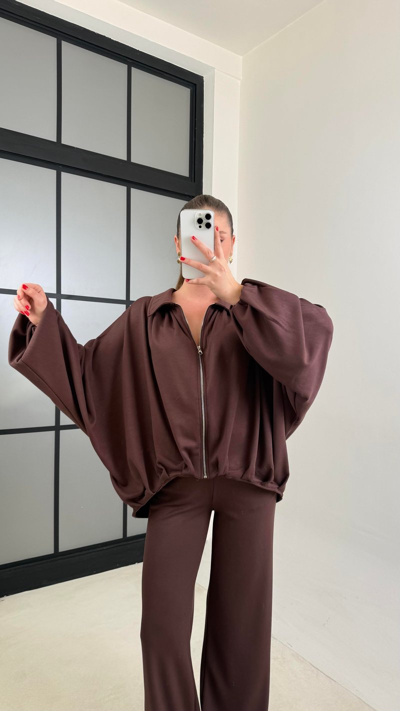 Kahve Bomber Hırka Beli Lastikli Pantolon İkili Takım GAUS-00556